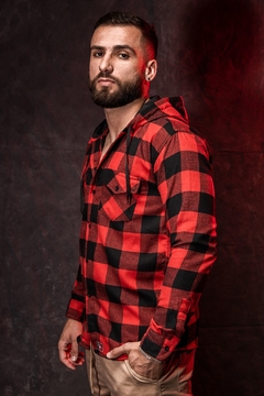 FLANNELED LONG SLEEVE SHIRT WITH RED BLACK PLAID HOOD - online store
