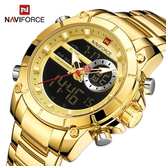 #04 - NAVIFORCE Luxury Original Men Sports Wrist Watch Gold Quartz Steel Waterproof Dual Display Clock Watches Relogio Masculino 9163