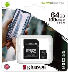 Kingston MicroSDXC Select Plus 64GB (Con Adaptador a SD) Clase 10, UHS-I, U1, V10 Lectura: 100MB/s (SDCS2/64GB)