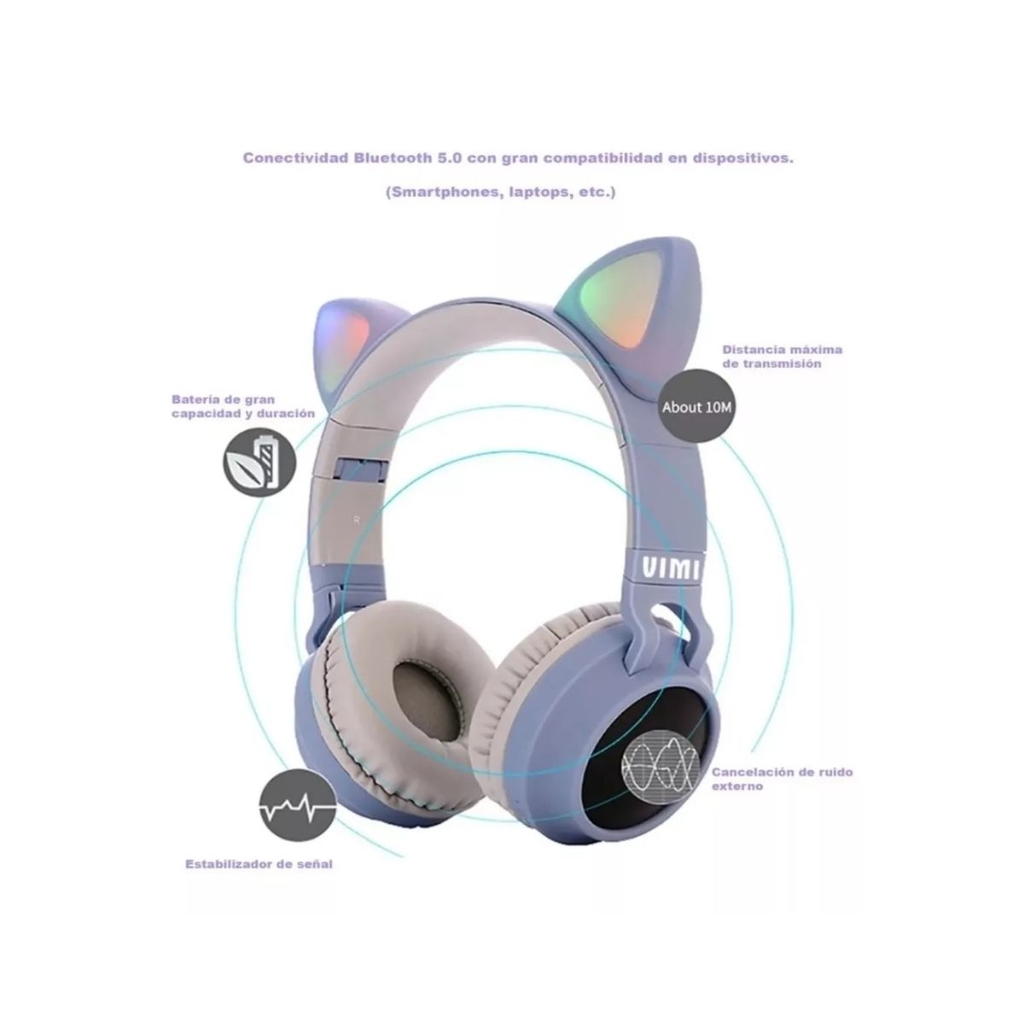 Audifonos Diadema Gato Bluetooth Y 3.5mm Cambio De Luces Led