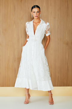 Vestido Midi Chemisie Recortes Off White - Estilo Trellis  | Vista-se com a Trellis