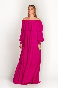Vestido Longo Camadas Ombro A Rosa Com Faixa - comprar online