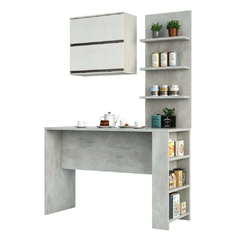 Kit Bancada Mesa Gourmet Cozinha Concreto c/ Painel e Armário Basculante Legno Crema e Linho - Luciane M01 - comprar online