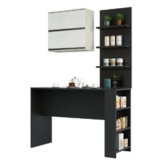 Kit Bancada Mesa Gourmet Cozinha Preta c/ Painel e Armário Basculante Legno Crema e Linho - Luciane M01 - comprar online