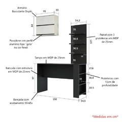 Kit Bancada Mesa Gourmet Cozinha Preta c/ Painel e Armário Basculante Legno Crema e Linho - Luciane M01 - SeuMóvel.com | Onde seu lar é o que importa