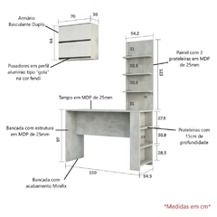 Kit Bancada Mesa Gourmet Cozinha Concreto c/ Painel e Armário Basculante Legno Crema e Linho - Luciane M01 - SeuMóvel.com | Onde seu lar é o que importa