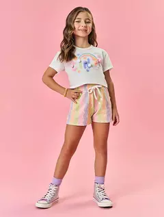 Conjunto Infantil Menina Blusa E Short Arco-Íris Laranja Neon Mundo Cinti