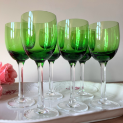 6 COPAS DE CRISTAL CON CALÍZ VERDE