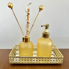 Kit banheiro ou lavabo completo dourado com saboneteira e difusor