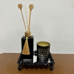 Kit aromatizador de ambiente preto e dourado com difusor e vela e bandeja pedraria