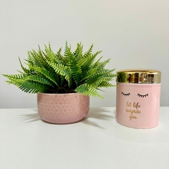 Kit decorativo rosa e dourado com pote com tampa e vaso com folhagem