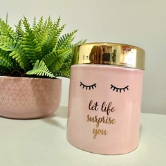 Kit decorativo rosa e dourado com pote com tampa e vaso com folhagem na internet