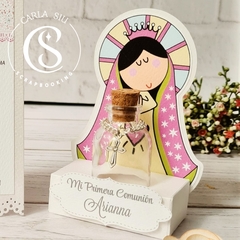 Botellitas para Agua Bendita en Cajita Virgencita Fucsia. (Precio por docena)