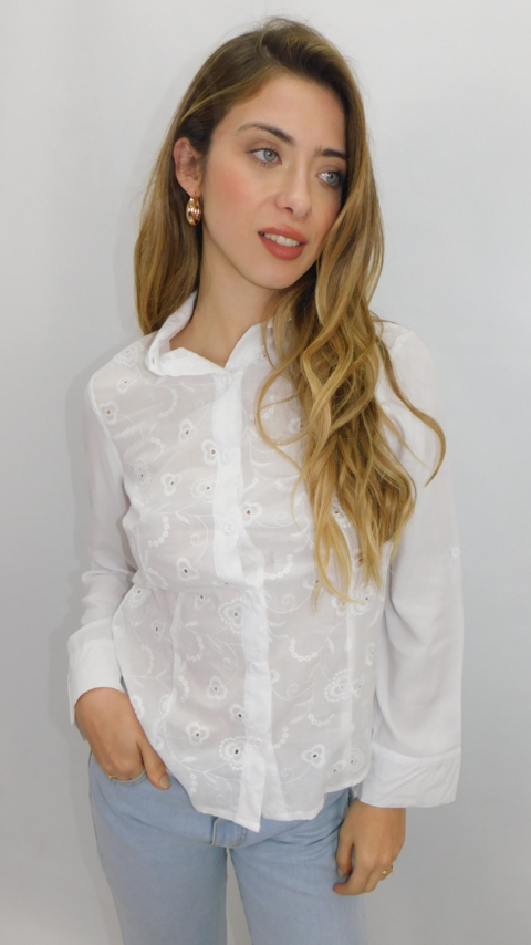 Camisa Mujer Broderie Blanca Botones Casual Rebatida