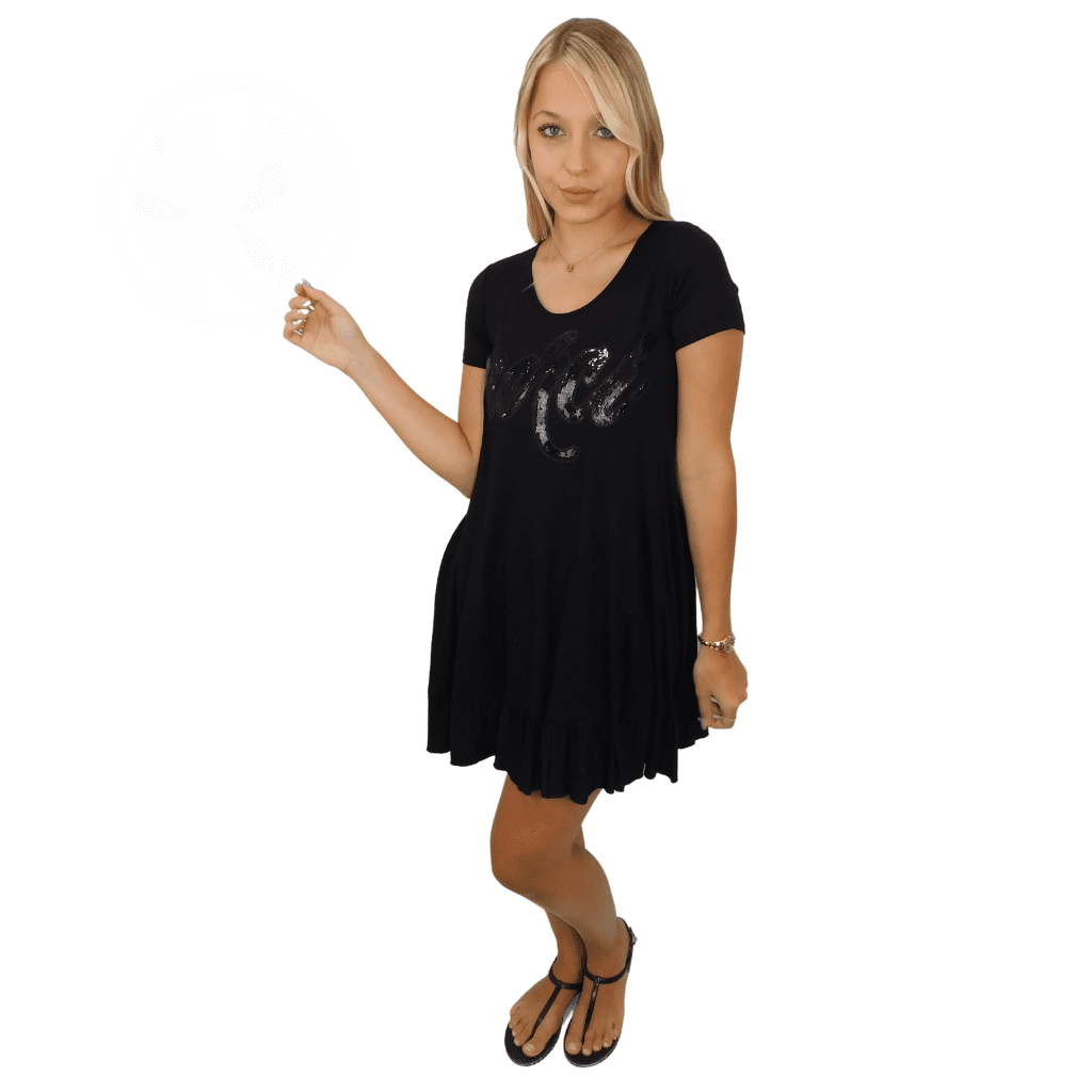 Vestido Modal Mujer Corto Volados Negro Lentejuelas Verano