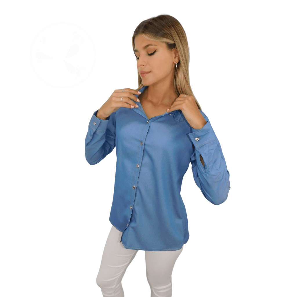 Camisa Simil Jean Mujer Vestir Manga Larga Arremangable 3/4