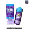 Botella de líquido para vapear MAD MAN Crazy Grape de 100ml, con caja de presentación en tonos morados y azules.