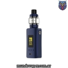 Kit de vapeo Vaporesso Gen 200 de color azul, con pantalla digital y tanque de vidrio.