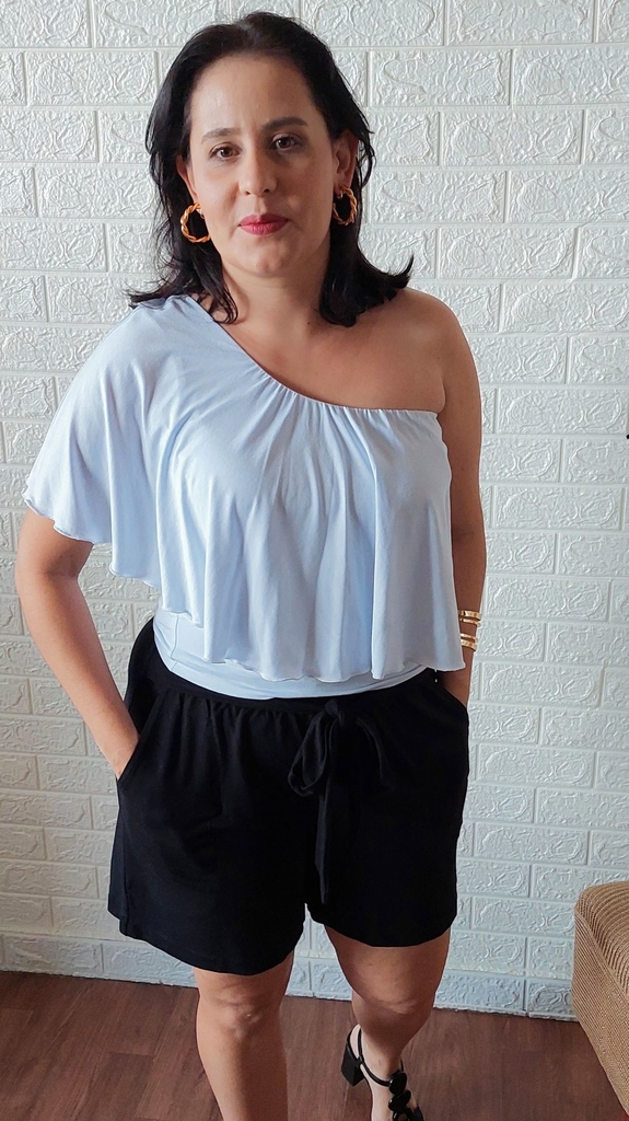 BLUSA ESTAMPADA COM FOLHOS - Azul / Branco