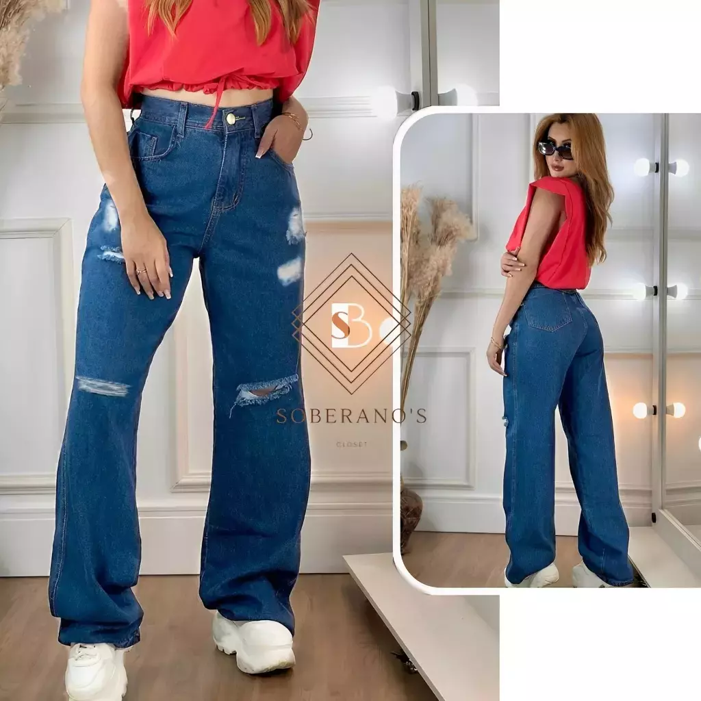 Calça Euone jeans folgada feminina de alta moda rasgada jeans