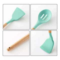 Set X12 Utensilios de Silicona con Mango de Madera Verde Agua - + que util necesario