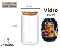 6 Copos Lata 500ml Vidro/Tampa Bambu + Canudo na internet