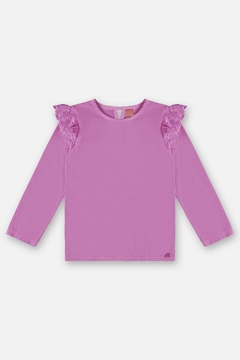 Blusa infantil manga longa em meia malha lilás neon