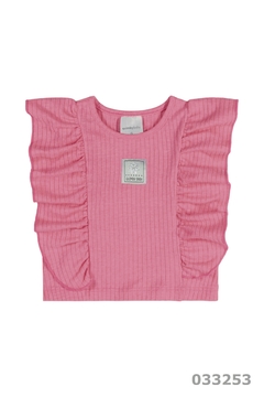 Blusa infantil sem manga com babado pink flúor