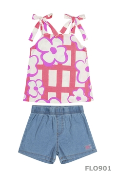 Conjunto infantil blusa sem manga floral e short jeans