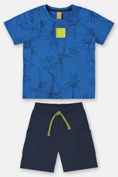 Conjunto infantil camiseta malha e bermuda moletom sem felpa azul