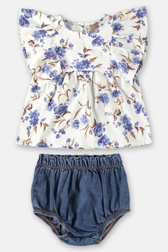 Conjunto bebê blusa e short jeans floral azul