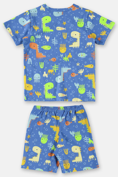 Pijama infantil manga curta em suedine dino azul - comprar online