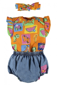 Conjunto bebê body e faixa e short jeans frutas