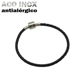 PULSEIRA P/ BERLOQUE EM COURO PRETO - AÇO INOX - 19CM