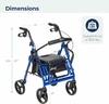 Andador Drive con asiento en color azul, mostrando sus dimensiones y capacidad de soporte de 300 lbs.