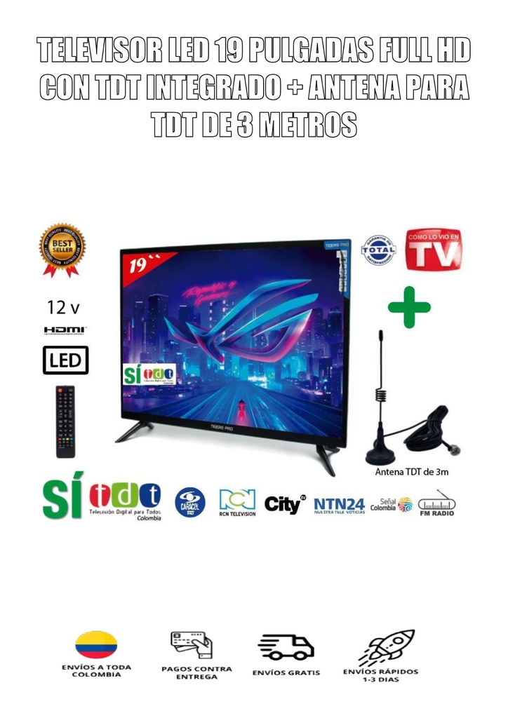 Televisor LED 19 Pulgadas Full HD Con TDT Integrado + Antena Para