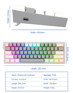 Redragon fizz k617 rgb usb mini teclado mecânico para jogos interruptor vermelho 61 teclas cabo destacável com fio, portátil para viagens