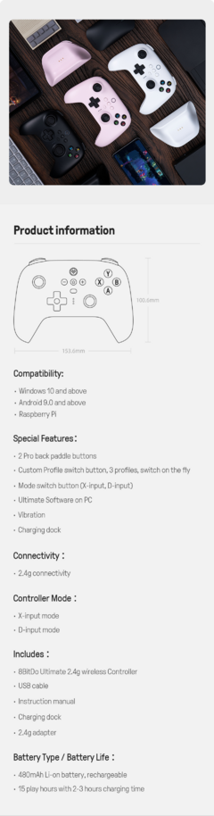 8BitDo - Ultimate Wireless 2.4G Gaming Controller com Charging Dock para PC, Windows 10, 11, Steam, Android