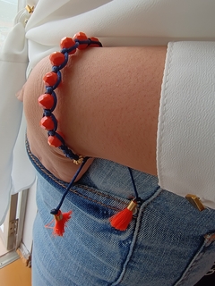 Pulseira Macrame Fio Azul Marinho Cristal Laranja