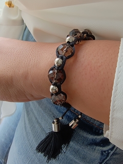 Pulseira Macrame Fio Preto Cristal Fumê