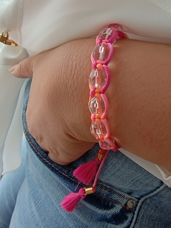 Pulseira Macrame Fio Rosa e Laranja, cristal transparente