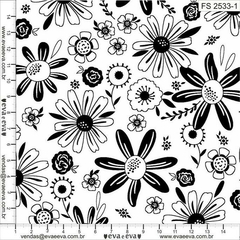 EVA E EVA - FLORAL PRETO E BRANCO 1 - 50cm X 150cm - Tecido Tricoline