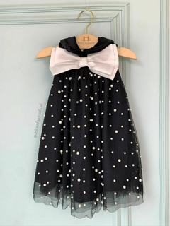 Vestido Feta Infantil Preto com Pérolas e Laço Branco Petit Cherie 280