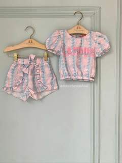 Conjunto Infantil Menina Short e Blusa Est. Pied de Poule Rosa e Azul Mon Sucré 402