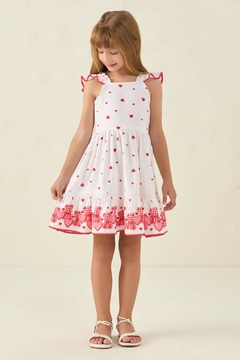 Vestido Infantil Linho Natural Corações Barrado Urso Vermelho Petit Cherie 564