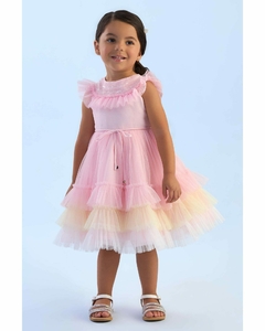 Vestido Festa Infantil Rosa Babado Amarelo Tule Paetê Petit Cherie 140