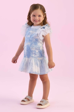 Salopete Infantil Jeans Tie Dye Destroide Corações Azul e Tule Petit Cherie 002