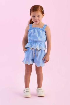 Conjunto Infantil Menina Linho Azul Bordado Natural Lacinhos Petit Cherie 020