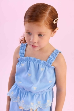 Conjunto Infantil Menina Linho Azul Bordado Natural Lacinhos Petit Cherie 020 na internet