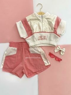 Conjunto Infantil Menina Short e Blusa Bomber Rosa e Branca B1034